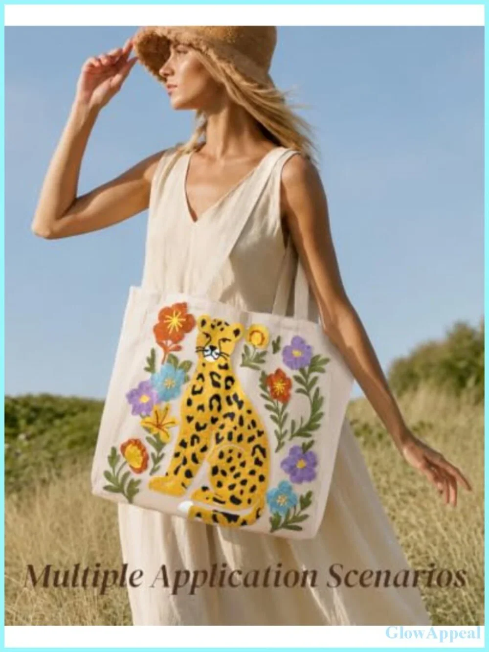 Embroidered Canvas Tote Bag with Magnetic Closure